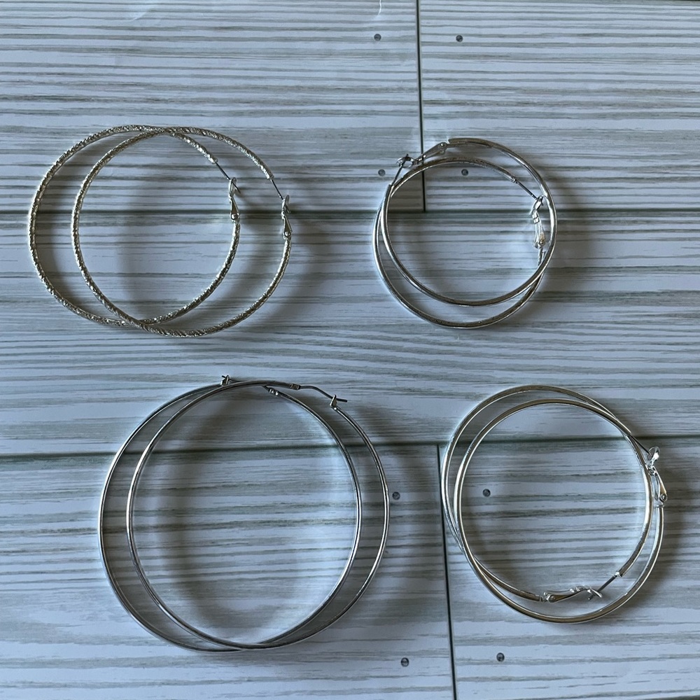 Silver tone sparkle mix size hoop earrings - 4 pairs